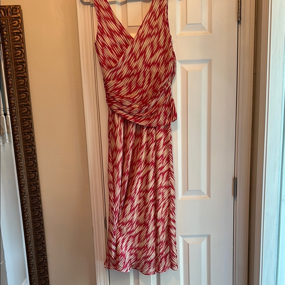 J. Crew Ruched Red and White Midi Dress